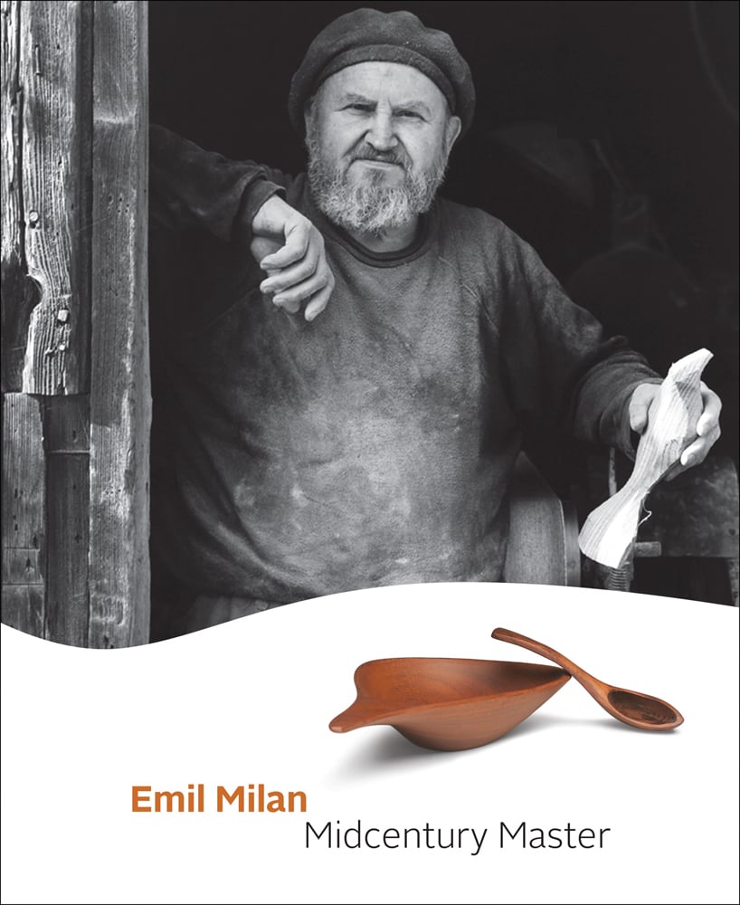 Man wearing dusty jumper and beret, holding a piece of carved wood, on cover of 'Emil Milan: Midcentury Master', by Marquand Books.