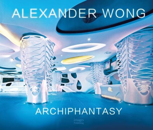 Futuristic spaceship like interior in bright blue and pearlescent white, ALEXANDER WONG ARCHIPHANTASY in white font above and below.