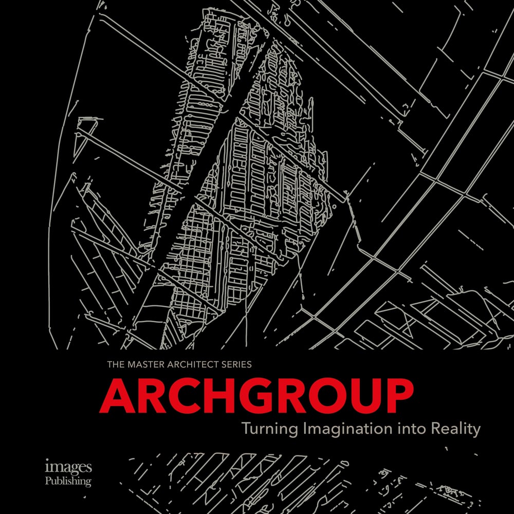 Outline of high rise building in white on black cover, ARCHGROUP Turning Imagination into Reality in red and white font above