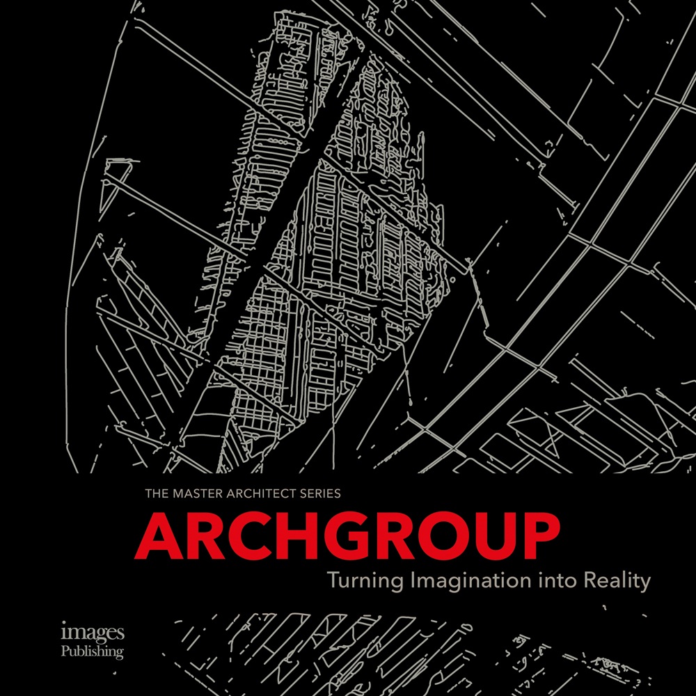 Outline of high rise building in white on black cover, ARCHGROUP Turning Imagination into Reality in red and white font above