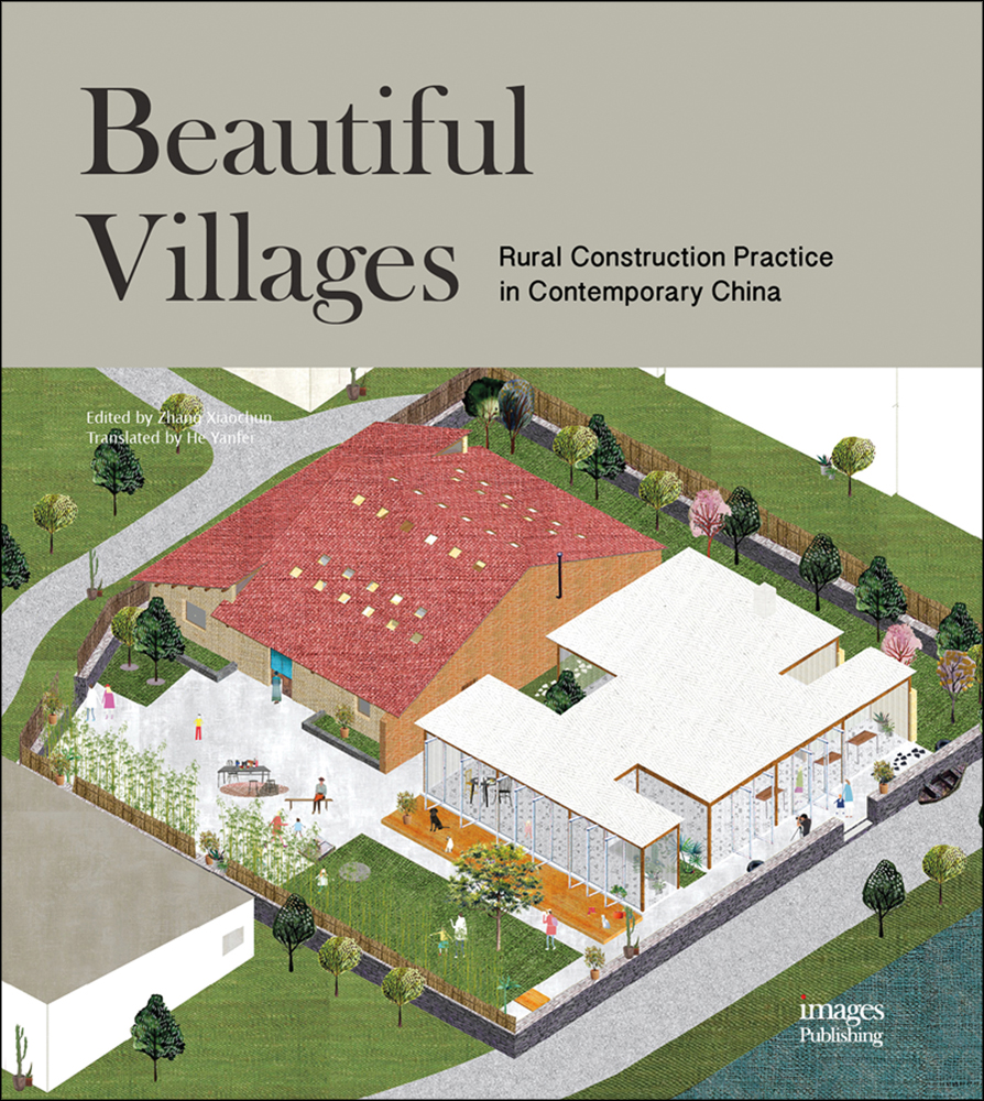 Aerial diagram of village buildings, Beautiful Villages in black font on grey top banner