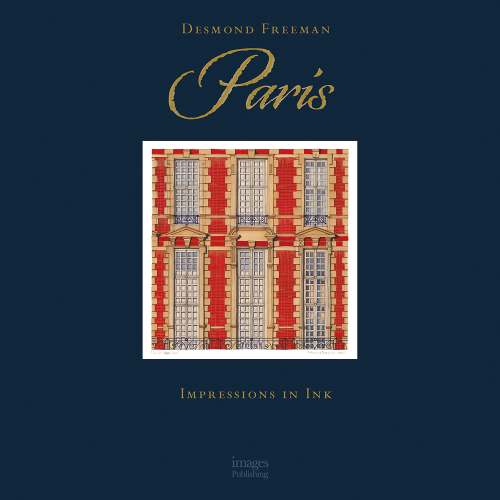 Book cover of Desmond Freeman Paris: Impressions in Ink, featuring a building facade. Publishing by Images Publishing.