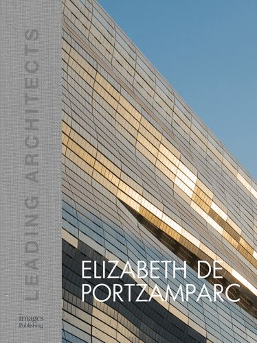 Shiny panelled building exterior, ELIZABETH DE PORTZAMPARC in white font, LEADING ARCHITECTS on left grey border