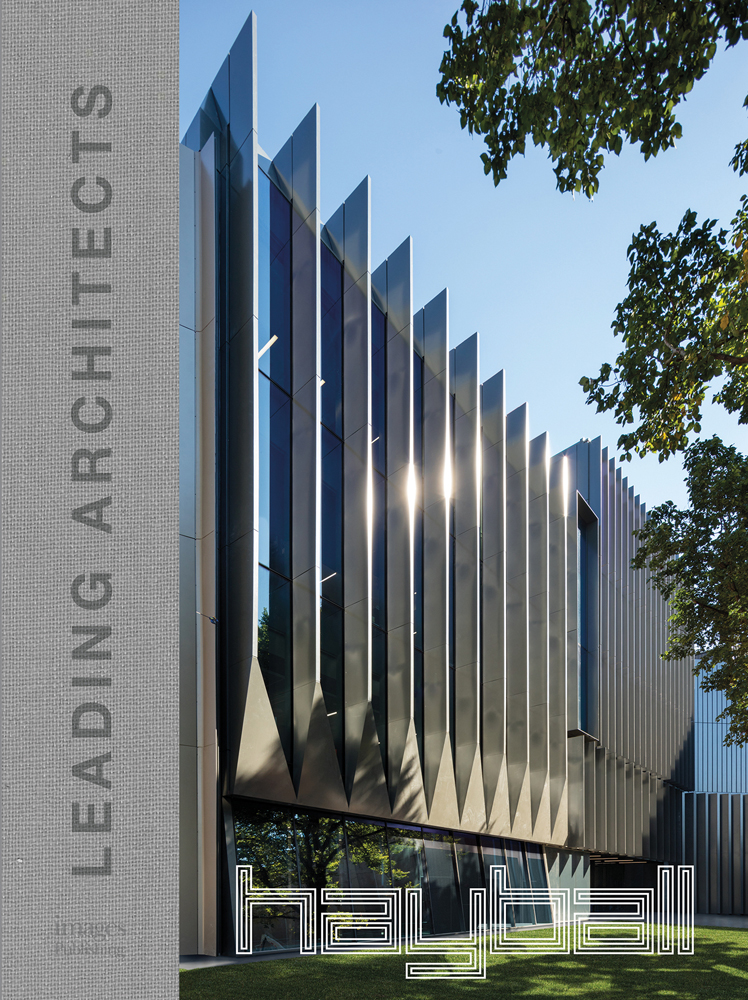 Tall sharp panelled building under blue sky, hayball in white stencilled lined font below, leading architects on left border