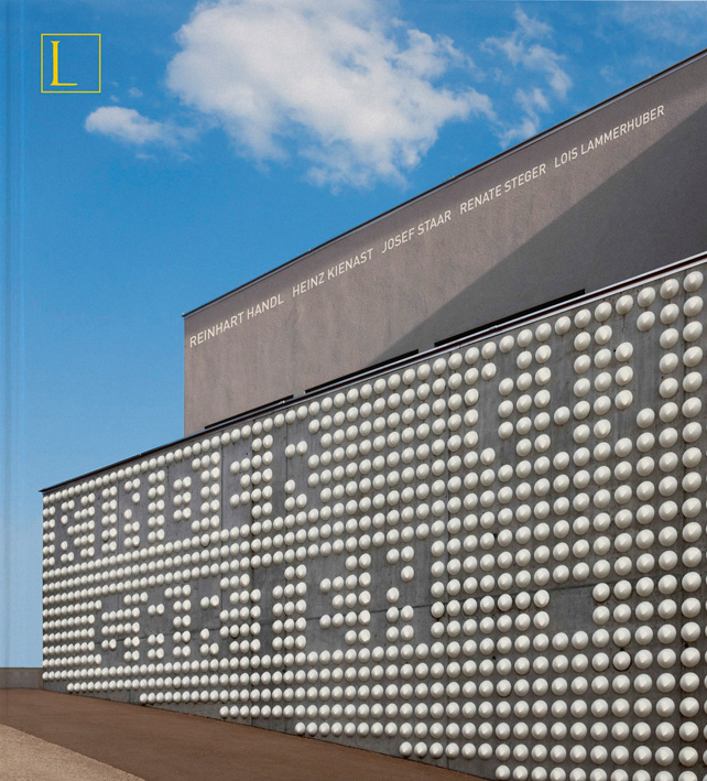 Concrete building with with white circular spikes to side, on cover of 'Kinder (!) Garten', by Edition Lammerhuber.