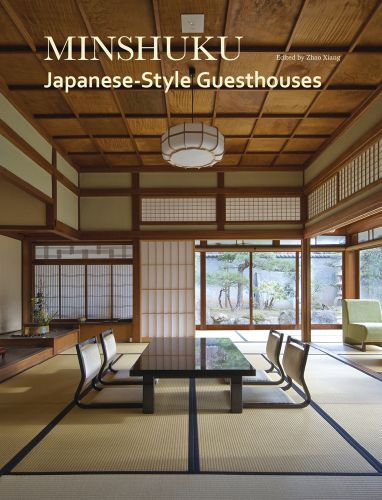 Minimalist wood interior, low seats at table, Japanese screen, MINSHUKU Japanese-Style Guesthouses in cream font above