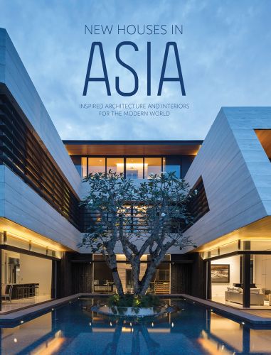 Exterior of luxury residential home, large tree to centre of swimming pool, NEW HOUSES IN ASIA in blue above.