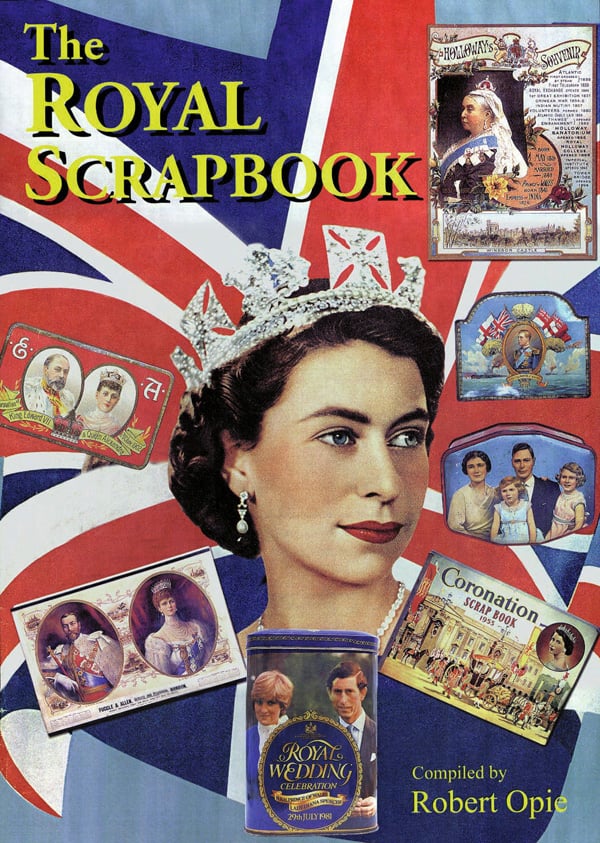 Book cover of The Royal Scrapbook, featuring a younger Queen Elizabeth II wearing a crown. Published by The Museum of Brands.
