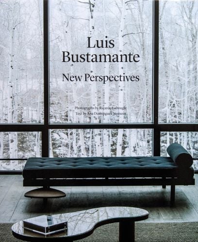 Black chaise lounge in front of tall window, looking out to white silver birch trees, Luis Bustamante New Perspectives in black font above