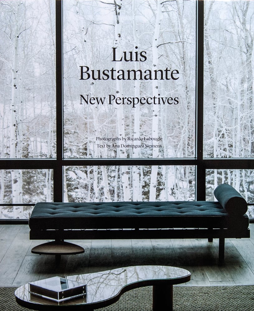 Book cover of Luis Bustamante, New Perspectives, with a black chaise lounge in front of tall window, looking out to white silver birch trees. Published by This Side Up.