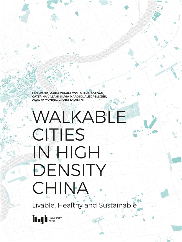 Pale aerial map drawing of cityscape, Walkable Cities in High Density China in black font to lower left