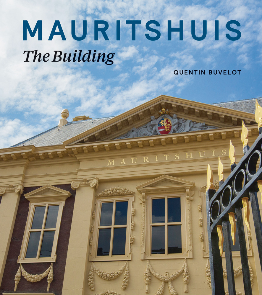 Front of MAURITSHUIS building under blue sky, MAURITSHUIS The Building in blue and black font above