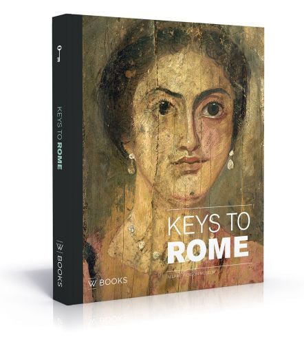 Book cover of Keys to Rome, featuring Mummy portrait (painting on wood board), of women with dark hair, wearing pearl earrings. Published by WBooks.