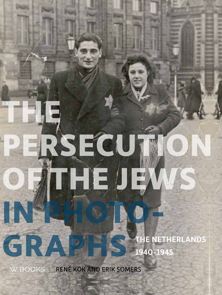Sepia toned photo of Jewish couple walking through a square in Amsterdam, THE PERSECUTION OF THE JEWS IN PHOTOGRAPHS in transparent white and blue font to lower left.