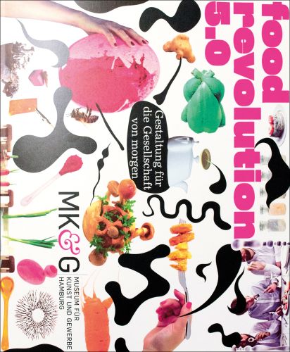 Collage of food photos, pink ice-cream scoop, green chicken, loose ginger, Food Revolution 5.0 in pink font down right edge