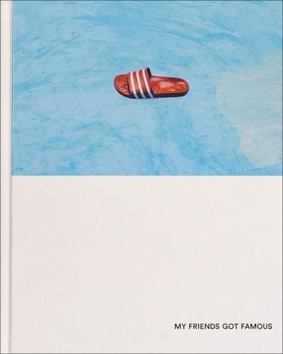 Red and white striped rubber flip flop floating in blue pool water, MY FRIENDS GOT FAMOUS in black font on bottom half white banner