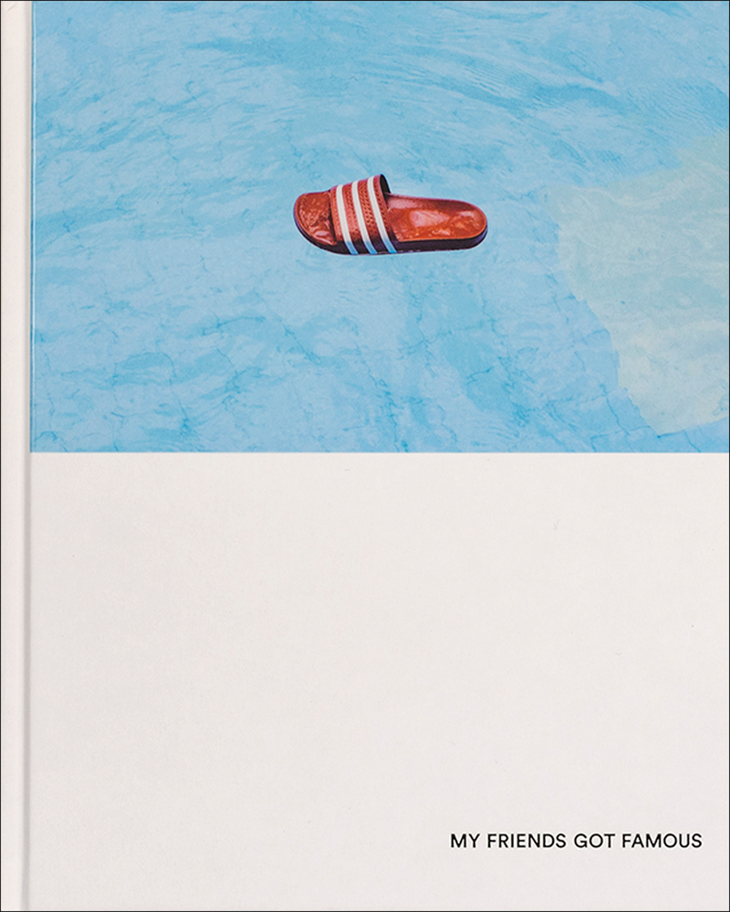 Cream book cover of My Friends Got Famous, with red and white striped flip flop floating on top of in blue swimming pool water. Published by Verlag Kettler.