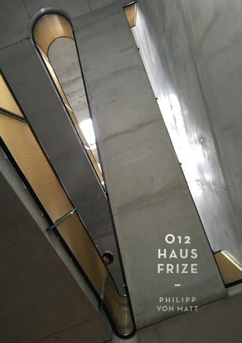 Low-angle shot, modern curved staircase, face staring over bannister, O12 - HAUS FRIZE in white font to lower right.