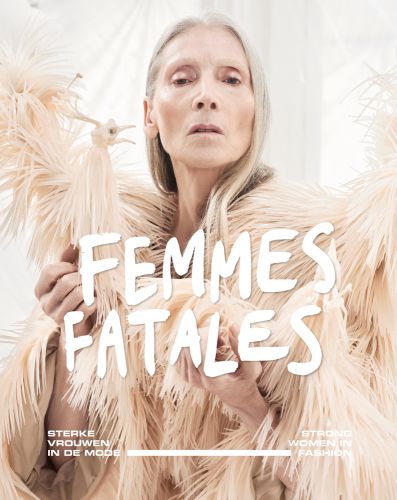 Eveline Hall wearing Iris van Herpen Bird dress, FEMMES FATALES in white font near centre