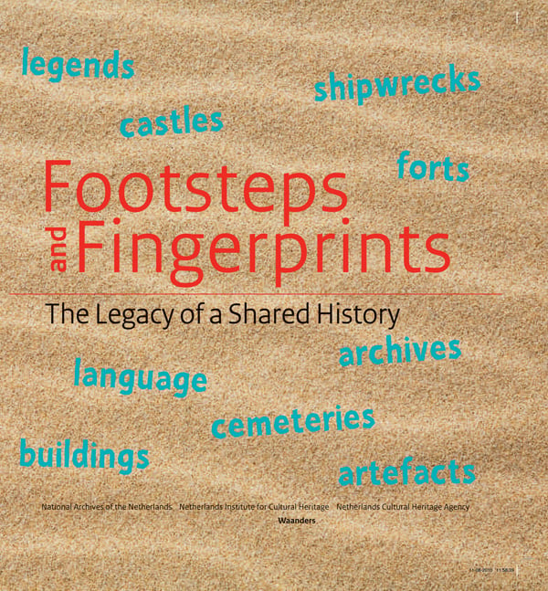 Book cover of Footsteps and Fingerprints: the Legacy of a Shared History, featuring yellow sand with ripples. Published by WBooks.