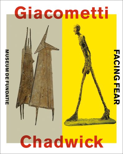 2 metal abstract figure sculptures, beige left half cover, Bust of a man in a frame by Giacometti, yellow right half cover, Giacometti Chadwick in red font top and bottom