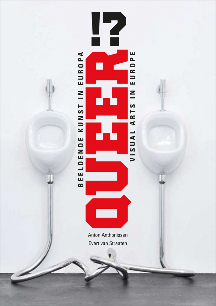 2 white urinals, curled chrome pipes attaching both together, QUEER!? in red and black font