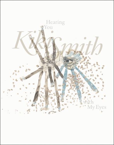Pencil sketch of an eye surrounded by rays of pale patterns ending in sketched frills, surrounded by spottings of gold dust, with a light transparent title Kiki Smith Hearing You with My Eyes.