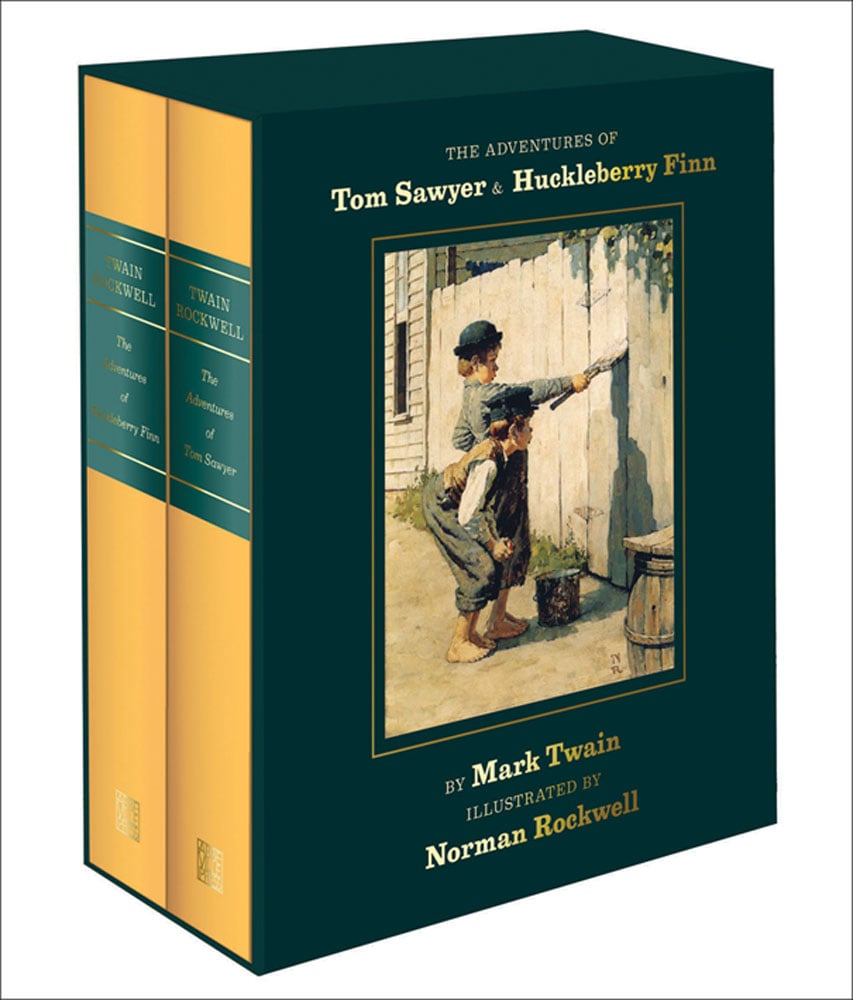 Illustration by Norman Rockwell, Tom Sawyer whitewashing the fence, 1936 on dark green box set cover, THE ADVENTURES OF Tom Sawyer and Huckleberry Finn in gold font above.