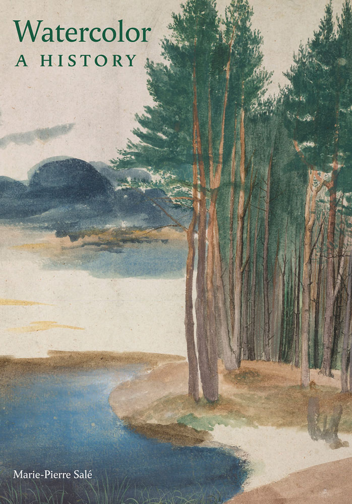 Watercolour painting of tall slender trees in front of blue lake, Watercolor A HISTORY in green font to upper left.