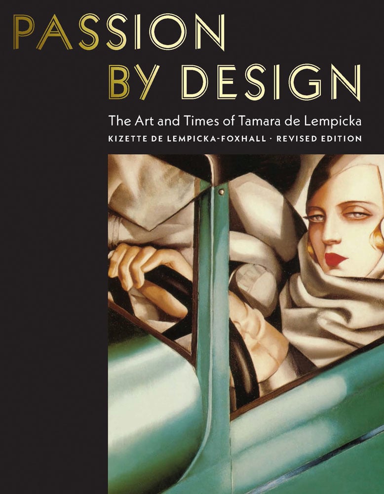 Book cover of Passion by Design: The Art and Times of Tamara de Lempicka, featuring a painting titled 'Self-Portrait in the Green Bugatti'. Published by Abbeville Press.