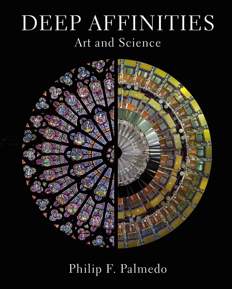 Book cover of Deep Affinities: Art and Science, with a semi-circle of bright coloured stained glass window design, and the other half a NASA spaceship engine. Published by Abbeville Press.