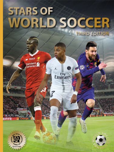 Mario Balotelli, Kylian Mbappé and Lionel Messi superimposed in action on stadium pitch, STARS OF WORLD SOCCER THIRD EDITION in gold font above.