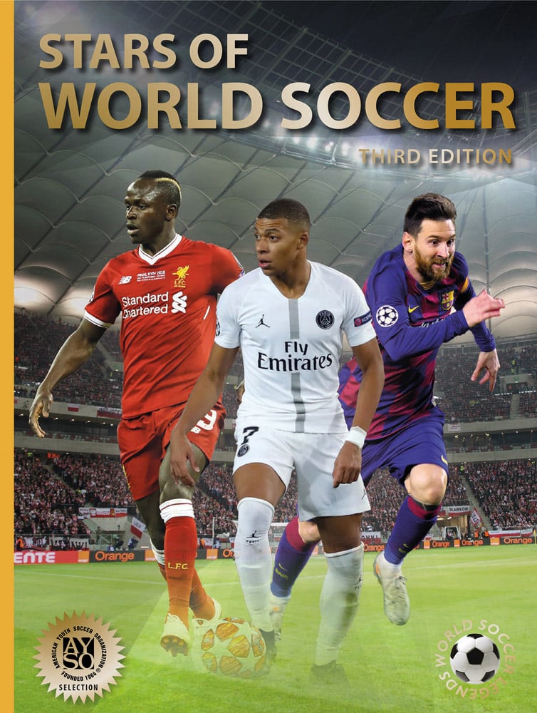 Mario Balotelli, Kylian Mbappé and Lionel Messi superimposed in action on stadium pitch, STARS OF WORLD SOCCER THIRD EDITION in gold font above.