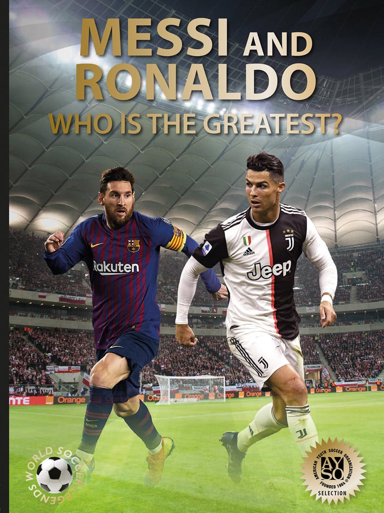 Lionel Messi and Cristiano Ronaldo superimposed in action on stadium pitch, MESSI AND RONALDO WHO IS THE GREATEST? in gold font above.