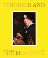 Painting of self portrait of painter holding palette, circa 1610, on yellow cover of 'The Bold and the Beautiful, In Flemish Portraits', by Hannibal Books.