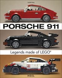 Side profile of three Porsche LEGO models in red, black and white, on cover of 'Porsche 911, Legends Made of LEGO®', by HEEL.