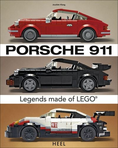 Side profile of 3 Porsche LEGO models in red, black and white, PORSCHE 911 Legends Made of LEGO® in black font on 2 white banners.
