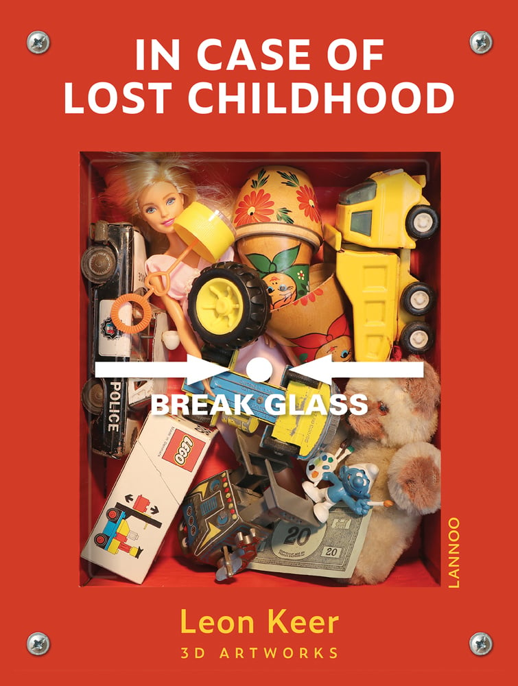 3D cover: red emergency fire alarm box filled with childhood toys, on cover of 'In Case of Lost Childhood, Leon Keer 3D Artworks', by Lannoo Publishers.
