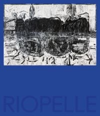 Blue book cover of Riopelle, featuring an abstract oil painting titled 'Cap au nord', 1977 by Jean Paul Riopelle. Published by 5 Continents Editions.