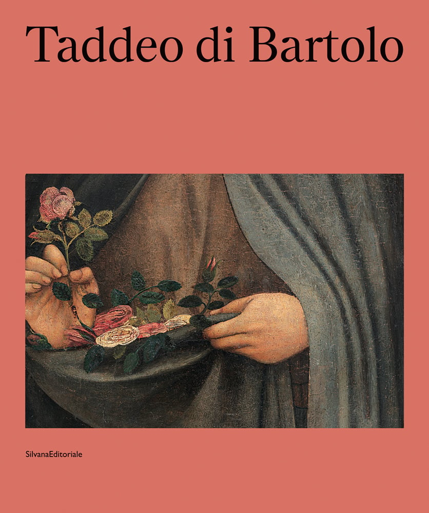 Section of Renaissance painting of hands of woman holding pink rose, on terracotta pink cover, Taddeo di Bartolo in black font above.