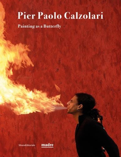 Mangiafuoco, 1979 by Pier Paolo Calzolari, man breathing fire into red canvas, Pier Paolo Calzolari Painting as a Butterfly in white font above.