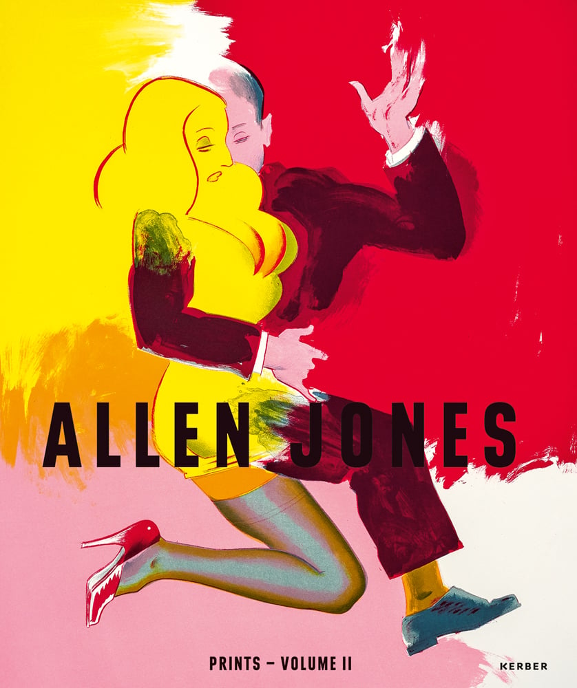 Poster style painting of half male half female figure, ALLEN JONES in black font to centre, PRINTS - VOLUME II in black font below.