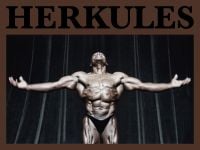 Book cover of Herkules: Bodies Like Masterpieces, with a muscular, bronzed male body builder with arms outstretched. Published by Seltmann Publishers.