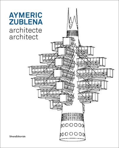 Architectural drawing of futuristic rocket like structure with extended floor platforms around top, white cover, AYMERIC ZUBLENA architecte, architect in blue and black font to top left.