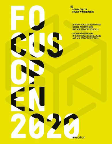 Bright yellow cover of 'Focus Open 2020, Baden-Württemberg International Design Award and Mia Seeger Prize 2020', by Avedition Gmbh.