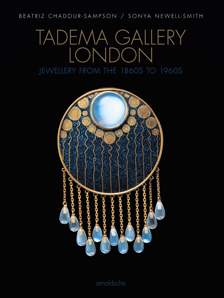 Gold and blue circle with jewels on chains, on black cover with Tadema Gallery London in gold font above