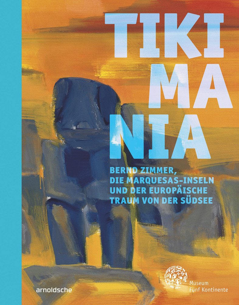 TIKIMANIA in pale transparent blue font over abstract blue and yellow paintings.