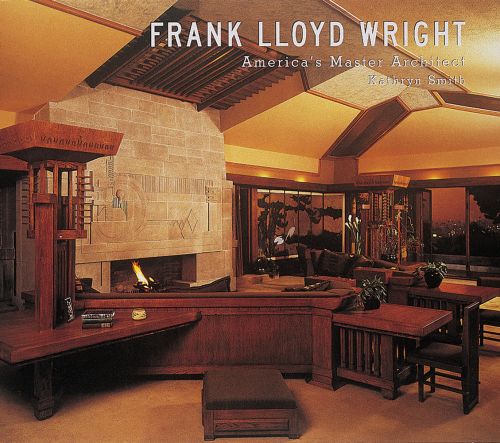 Interior of Frank Lloyd Wright's dining room at Hollyhock House, with bas relief, on cover of 'Frank Lloyd Wright, America's Master Architect', by Abbeville Press.