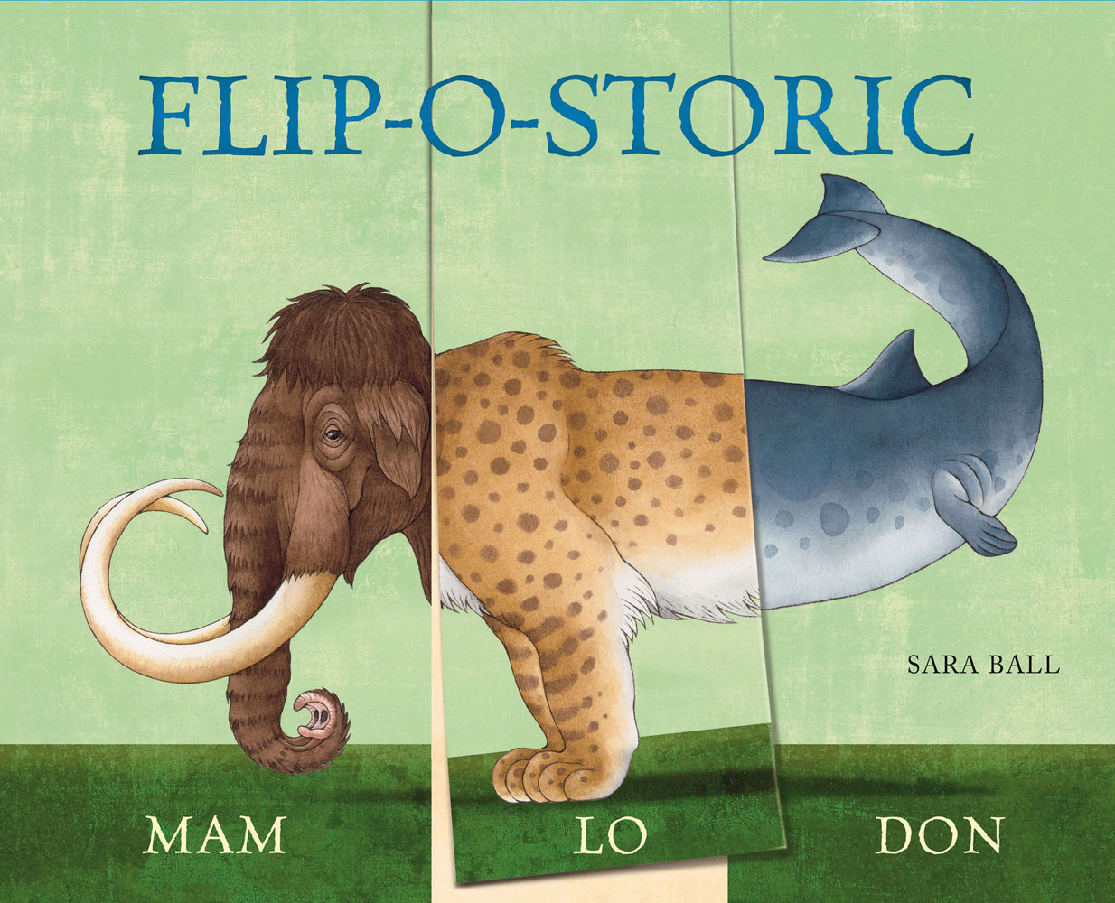 3 sections, head of woolly mammoth, body of leopard, tail of shark, FLIP-O-STORIC in blue font above.
