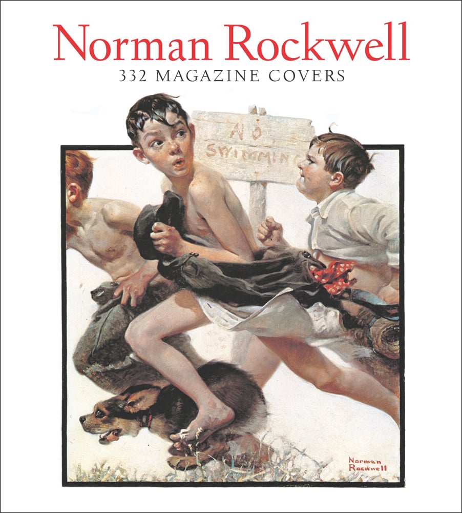 Book cover of Norman Rockwell: 332 Magazine Covers, featuring an illustration titled 'No Swimming', with three boys and dog running, and no swimming sign behind. Published by Abbeville Press.